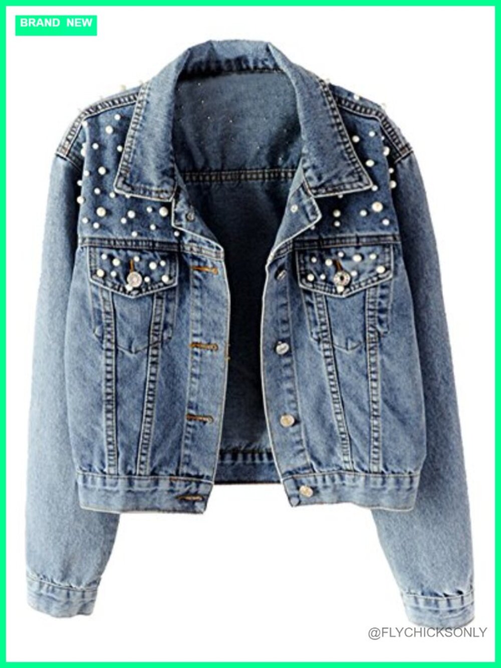 Women's Embroidered Pearl Denim Jean Jacket Button Front Long Sleeve